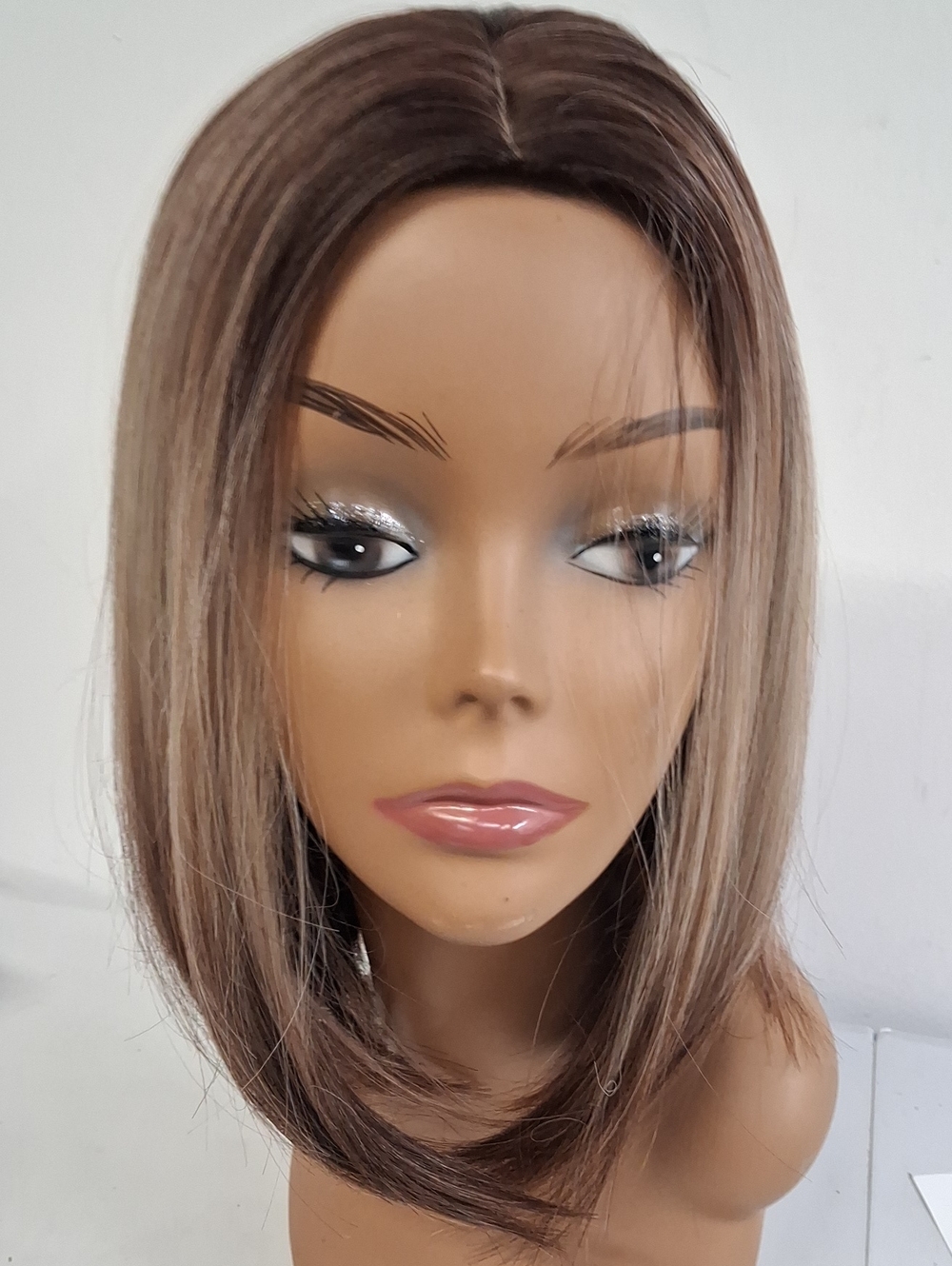 Mid Length Straight Brown Wig With Blonde Highlights